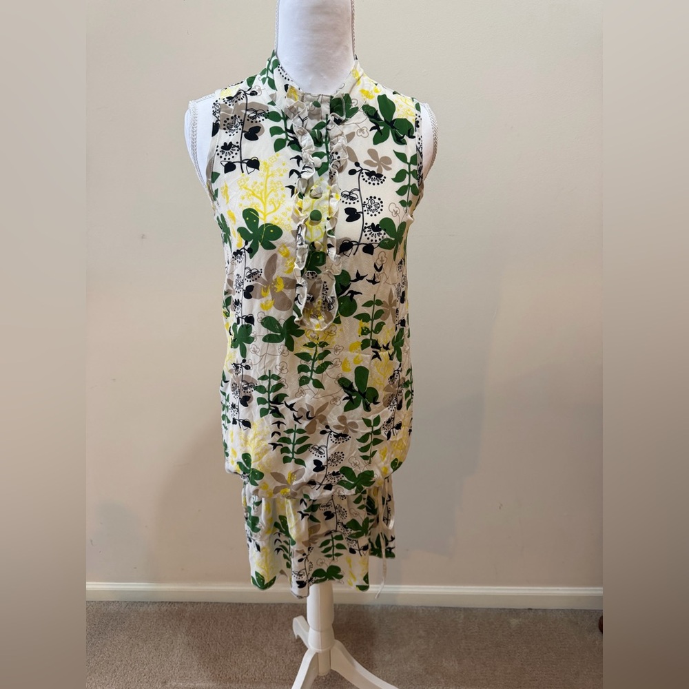 Madison Marcus Green & Yellow Floral Sleeveless Mini Dress 100% Silk Size XS